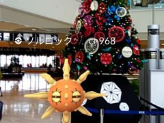 エアロプラザでポケモンGOを立ち上げたところ、たまに出会うポケモンが居たので早速ゲット！
ソルロック、名前の通り太陽を模していると思うのですがツリーの横にいるとてっぺんからはずれた星の飾りのようにも見えますね。