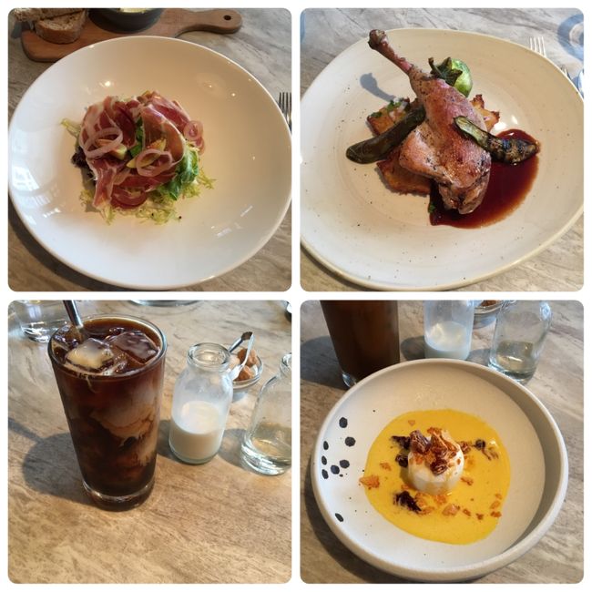 ハムのサラダ・ダックレッグ・メレンゲ・アイスコーヒーをチョイス。<br />パンとバターもついてランチ198HK$・デザート40HK$の計238HK$でした。