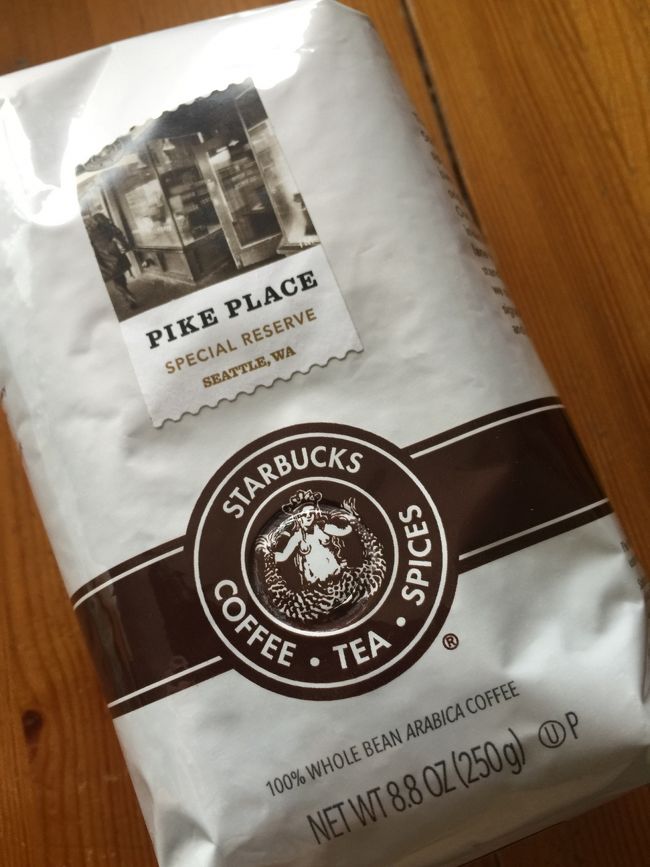 これは　シアトルのスタバのパイクプレイスのしかも　スペシャル・リザーヴ<br />（これが　美味しいのだ、、）パイクプレイスは何処でも買える、、そして　美味しいい、、でも　パイクプレイスのスペシャル　リザーヴは　全く美味しさが違うのだ、、シアトルの一号店と二号店だけで買える、、少し　豆多めで淹れてみて、、違いが分かる、、！！（スタバはあまり好きじゃないです、ピーツ派ｗ）