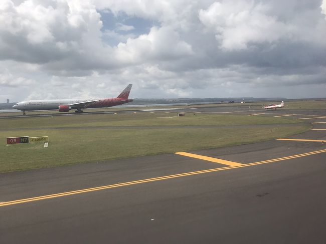 滑走路が一本しかないのか、離陸するまで結構かかる。着陸する飛行機の間を縫って離陸してる模様。ジェット機の後ろに小型機。飛ばされそう。笑っ