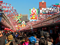 みやげもの屋が連なる浅草寺表参道？　仲見世通り。
運良く抜ける様な青空に賑わう人々の半分は海外人の様子