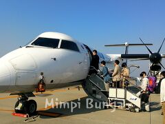 ANA利用のセントレア～松山空港へは、ボンバルディアDHC8-Q400のプロペラ機で。
これまた、2列×2列の小型機で乗り降りが楽！
機内では、この機体の写真入りのポストカードを２種類、頂けました。