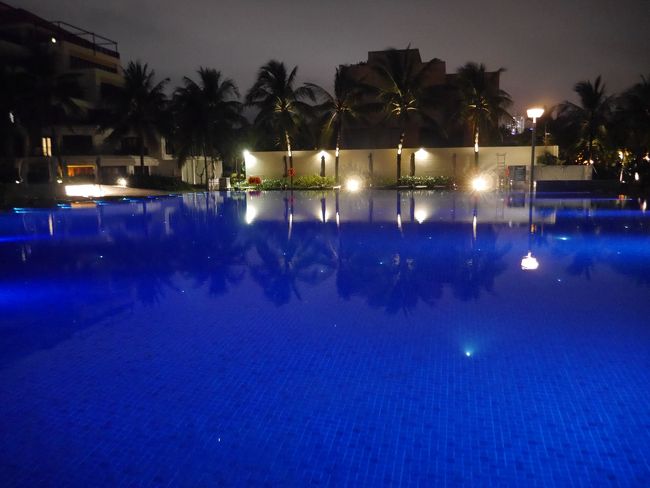 プールもライトアップしていて綺麗です。<br />夜景は、写真だと曇り空かどうか分かりませんね！<br />