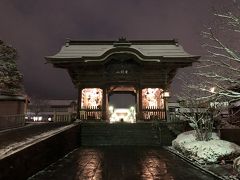 雪もほとんどやみ、仁王門が見えてきました。ライトアップされてます。