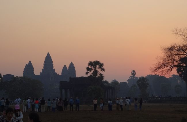 目の前には教科書で観た、アンコール・ワット<br />アンコールは街、ワットは寺院<br />このアンコール・ワットだけ西向きに建てられているそうです
