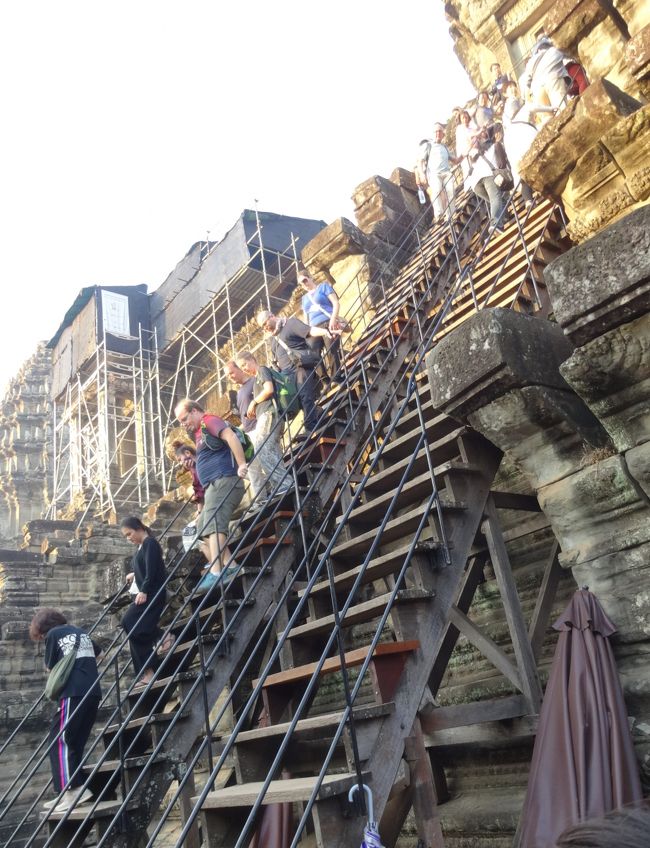 手すりのある、木で出来た急こう配の階段を上ります