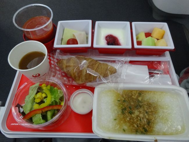 着陸前の機内食<br />おかゆがお腹に優しいわ