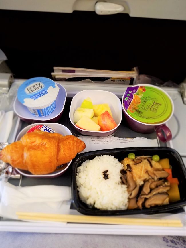 機内食。<br />オムレツはもう品切れでフィッシュのみでした。<br />白身魚の餡かけみたいな感じ。<br /><br />後で気が付いたのですが去年の帰国便と全く同じメニューでした。<br />