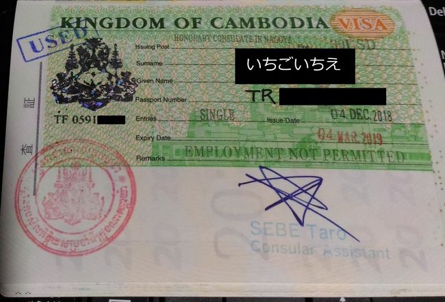 パスポートに貼られた観光VISA<br />左上にUSEDの印！<br />初めての旅先、カンボジアに到着です