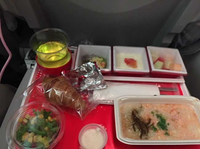 機内食は鮭のおかゆ。深夜便だからか胃に優しい食事でした。