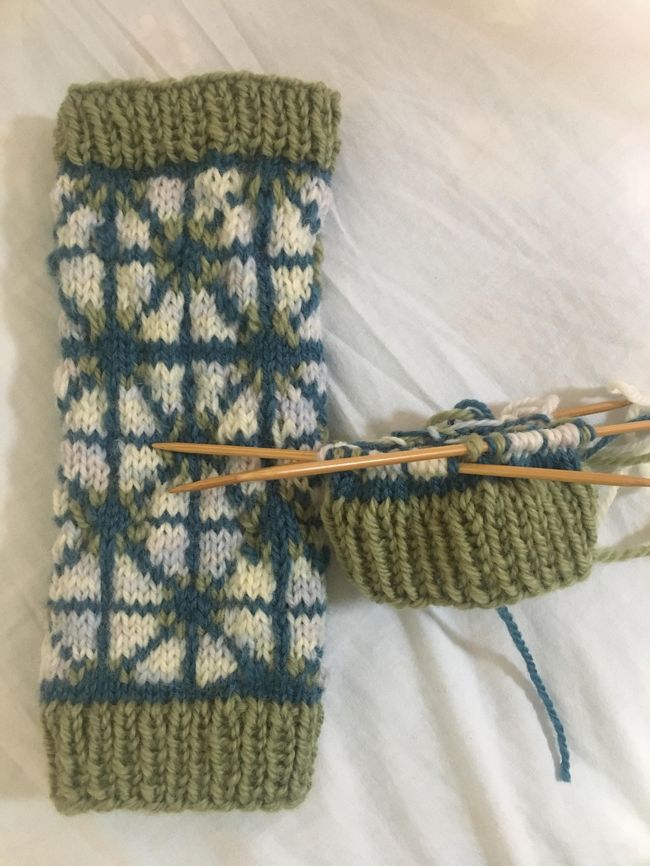 編み物が得意な人には笑われてしまうようなひどい編目ですが、<br />これ、ハンドウォーマー（指を作らなくて済む、初心者向け手袋）です。<br /><br />とりあえず、この柄を作ったわたしを誰かほめてーｗｗ