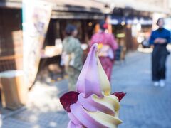 こちらは菓子屋横町のソフトクリーム。着物を着て散策している人が多いです。川越は芋が有名で、他にも色々食べ歩きできる美味しいものがあります。