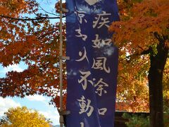 風林火山の藍色の旗が、
燃えるような紅葉に映えていました