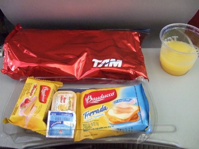 乗ってすぐに機内食が配られました。ウエハース、ラスクのスナック詰め合わせ。味は普通でしたよ。<br /><br />10:10、クリチバ着。でもすっごくいい天気で、地面に濡れた跡とかも全然ないのよー！！ どーゆーこと？おっかしいなぁ。雷とか？でも雲もないしなぁ。う～ん、納得いかないわ。「天候不良とか言いつつ、実はパイロットが寝坊したとかじゃないの～？」って笑い話しちゃったわよ。 ブラジルならありえそうな気がしない？<br />