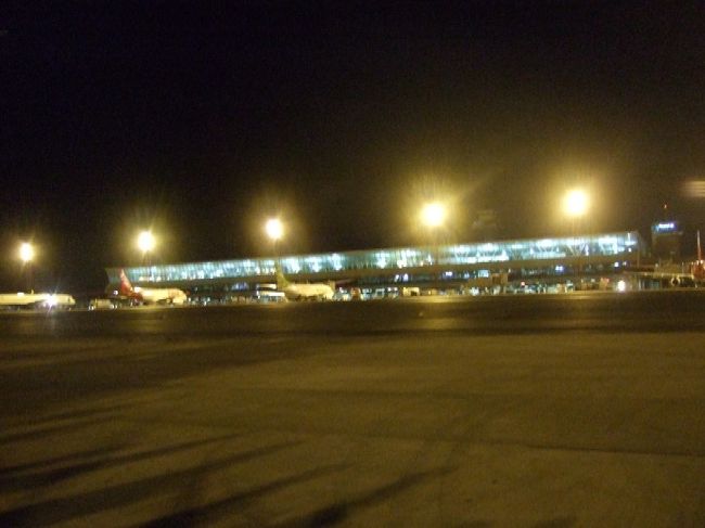 19:30、ロビー集合。ここで事件は起こりました。私たちが先生と呼んでたツアー最高齢86歳のAさんが来ないんです。 添乗員Ｋさんが部屋まで呼びにいきますが、中からは何の返答もない様子。。。「一体何が・・・」と皆で心配していたら、 フラッと先生が登場！着いた時はロビーには私たちしかいなかったけど、今は他の人もいっぱいいたからどうも私たちを見つけられ なかったみたい。「なーんだ、よかった」と一安心。と思ったら、まだ全然出かける仕度をしてきてなかったの。あらあらあら。 と言うわけで、先生はもう一度お部屋へ。 そのとき送迎の車が着たので他の人は全員車に乗り込み、あとは先生待ち。ところが待っても待っても先生が来ないのよ～。 飛行機の出発が21:00だから、20:30くらいには搭乗開始でしょ。空港まで20分くらいかかるし、チェックインもセキュリティチェックも あるからすでに結構時間ギリギリなんですけど・・・。Ｋさんが大慌てでもう一度、先生の部屋へ向かいました。 すると、Ｋさんが呼びに行ってからしばらくして。先生が現れたんです。「よかった～」これで出発できる。「ところでＫさんは？」 と聞いたら「会ってない」と。<br />えっ？どうなってるの～？？と思ってたら、Ｋさんが戻らないうちに車が出発しようとしたのよ～。やめて～～っ！ 「No,No,No！」と言って何とか押しとどめたけど、確かにもう時間がギリギリ。「どうしよう」と思ってロビーのところまで様子を 見に行ったらＫさんが戻ってきたので、「先生来たから急いで～」とＫさんを呼んで、何とか車に飛び乗って空港に出発。よかったぁ～！ 今夜の便に乗り損なったら、向こうに着けるのは明日の夕方。レンソイスの遊覧飛行が吹っ飛ぶもの。洒落になんないよねぇ。 私たちもドキドキしたけど、Ｋさんはもっとドキドキだっただろうなぁ。表面上は落ち着いて、にこやかに「大丈夫です」って 言ってたけど。若いのにプロだね。 