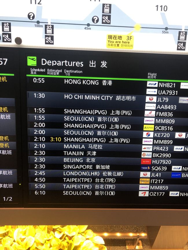 ANA深夜の便で香港へ。朝の5時（現地時間）到着です。<br />休み前なので羽田空港は混んでました。