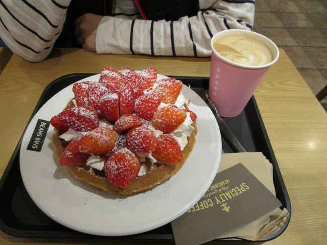 弘大入口から空港鉄道でソウルへ。ロッテマートで買い物をしてから明洞のビーンズビンズへ。<br />この時期はやっぱりイチゴでしょ。<br />ワッフルとカフェラテで21000W<br />混んでるかと思ったけど、意外とすいていた。<br /><br />この後2万円を両替→202000W<br />少しレートが良くなってきたみたい