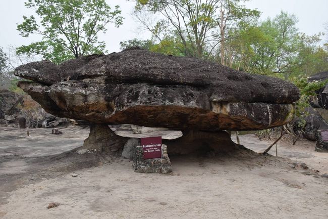 その先に行くと広い岩肌の広場になり、多くのキノコ形の奇岩がでてきます。表面の岩盤の中で、浸食の少なかった部分が残って屋根の様になっているのですが、古代人が利用した形跡を認められる物もあります。ちなみに、この岩は「Tao Baros's Coffin」と有りました。タオ　バロスさんの棺です。
