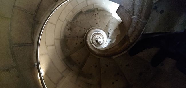 これが螺旋階段です。<br /><br />手摺はあるんですが、壁側にしかありません。<br /><br />そして内側は、中心に向けて吸い込まれるようになっているので、<br /><br />結構怖かったです。<br /><br />降りきった処で、小鹿のようになりました～汗