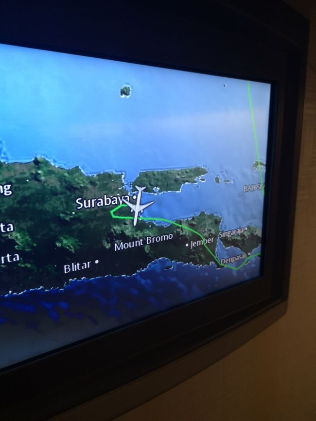 着陸態勢に入りますーとアナウンスが入ってやっと到着かーと思いつつウトウト。<br /><br />しばらくして「濃霧で着陸できないので、上空で待ちます。多分20分くらいで着陸できるかと」と。<br />でも全然着陸しない！！<br /><br />またさらにしばらくして、「着陸の許可がおりないので、一旦スラバヤ空港に行きます。１時間ほどかかります」と。<br /><br />え、、えーーー？！<br />天候は仕方ないけど、この時点でもう20時くらい。<br />ホテルの送迎頼んでたし、明日の朝早くからカーチャーター頼んでるし、今日飛べるのだろうか？！スラバヤについて連絡しても連絡取れるのだろうか？と頭の中ぐるぐる。<br /><br />機内の後ろのほうでは欧米のおじさんが一人、汚い言葉でキレててめっちゃ怖かった。<br />別のおばちゃんがしばらくしてそのおじさんに「黙れ！」ってキレてて、他の人たちが拍手してたｗ<br /><br />スラバヤ到着後、「今日バリに行けるか分からないので、皆荷物を持って飛行機を降りて、待合室で待つように」と。<br />一応ホテルの送迎のドライバーにだけ連絡。<br />そこから1時間くらいして、職員が機内にお水とかを運んでたので、「飛べるのかな？！」と期待。<br />そして少しして、ぞろぞろと皆が飛行機に乗り始めたので、離れたところに座ってた私も急いで列へ！<br />アナウンスくらいしてくれーｗｗｗ<br /><br />その後１時間くらいで無事にバリへ到着！<br />ドライバーと連絡が取れなくなってｗ（恐らく帰った）、仕方なくGrabでホテルへ向かいました。<br /><br />あー疲れたｗ