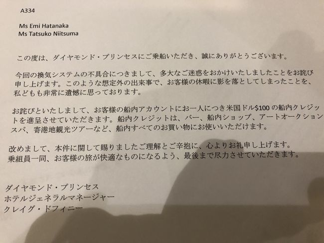 換気装置の不備で100ドル返すってさ～<br /><br />風邪を蔓延させたのは、ダイプリだ！ 怒！<br /><br />おかげで後半は、鼻水ズルズルのゲホゲホで、旅がだいなし！ なので、チップ（1日14ドル天引きされる）に当てた！