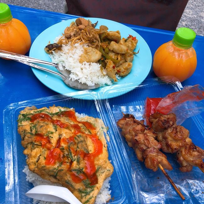 Ｅちゃんはオムレツご飯とガイヤーン。私はフィッシュボール入りの辛い炒め物と生姜たっぷりの豚の炒め物2品とご飯。ミカンジュースは果肉入りで美味しかった！帰りにセブンイレブンでカプチーノを買い、トータル一人100バーツでお釣りがくる感じ。日本円で約350円の朝食です！