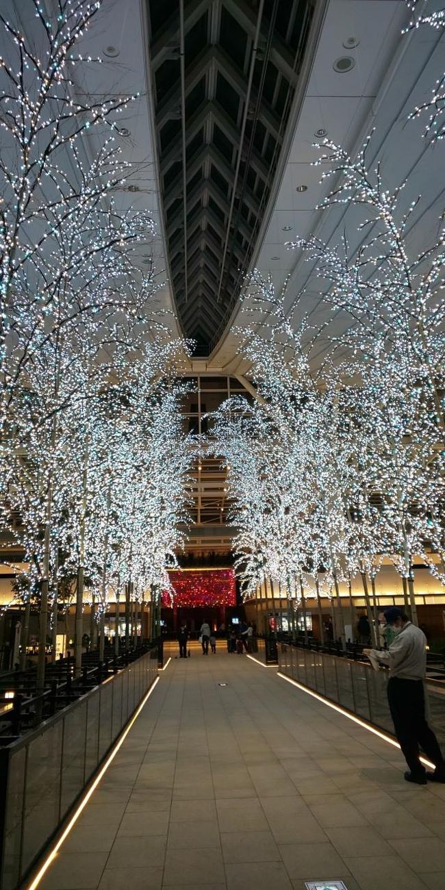 金曜日の退社後、一旦帰宅し、YCATからリムジンバスで羽田に向かいます。WEBチェックインを済ませていたので、あっという間に搭乗手続きも終わり、Ｅちゃんとの待ち合わせ時間まで空港内をぶらぶら。イルミネーションが綺麗でした！