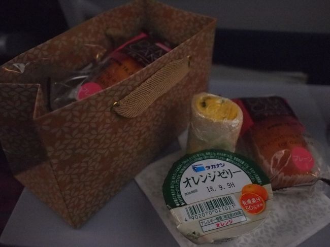 深夜便なので、1回めは軽いスナック類が、起きている人にだけ配られました。<br /><br />今回の旅行で、マヌケなことに私、家のテーブルに眼鏡を置いてきてしまったことに、座席についてから気づきました。<br />普段はハードコンタクトレンズで、水遊び用に使い捨てのソフトコンタクトも5回分は持っていましたが、飛行機の中で目が乾くのに、外せないことに愕然としました。しかも、気づいて焦った途端に、右目のコンタクトが、ふいにハズレてしまい、どこかに落ちてしまうというアクシデントが・・・。 深夜便なので照明が落ちてしまい、もう探すのは絶望的。いきなりハワイ旅行が終わってしまった気分に。落ち着く為に寝ようとしましたが、眠れず。諦めようにも諦めきれず、一人モゾモゾ。隣の女性も気になってしまったかも。<br />朝方、夫とチェブすけも目覚め、隣の方がトイレに立った瞬間、ダメもとで、半ば諦めつつ、隣の女性と私の座席の間のクッションをそっと上げてみると、なんと！なんと！なんと！奇跡的にコンタクトが出てきました！<br />「あった～＼(^o^)／」と一人、ガッツポーズしました。晴れてハードコンタクトをケースにしまい、ソフトに代え、眼鏡でないものの、両目が見える喜びに奮えながら、静かに「ピーターラビット」の映画をつけました。気づくと、夫と娘も、それぞれ「ピーターラビット」を観ており、似た者家族だな、とホッとしました。<br />長くなりましたが、私の中のちょっとした事件でした・・・。隣の女性、長らくモゾモゾしてごめんなさい(>_<)。