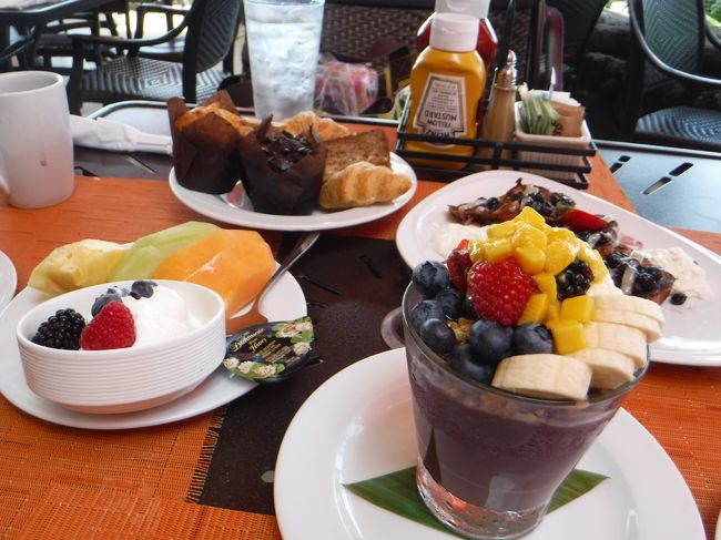 この日は、海にプールに水遊び三昧の１日にする予定でしたし、トロピックスも空いていたし、時間を気にせず、1時間半くらいかけて朝食を食べてしまいました。<br /><br />右手間が、トロピックスのアサイーボウル(14ドル)。左奥は「コンチネンタル(21ドル)」で、カットフルーツのプレート、マフィン2つ、バナナブレッド、クロワッサン、ギリシャヨーグルトのセット。2人でシェアできる分量でした。<br />