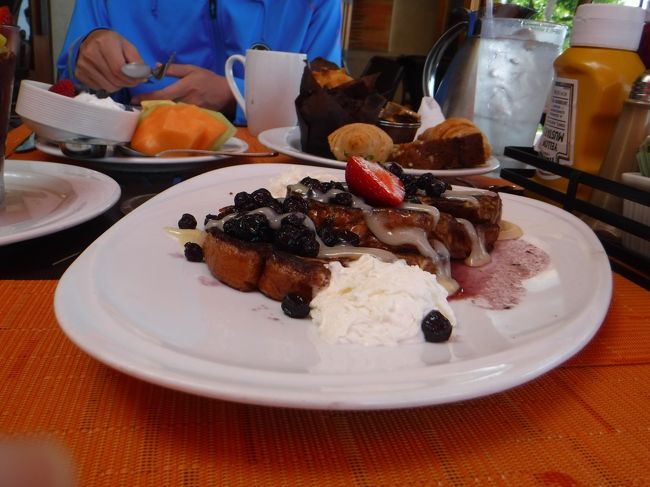 あとは、チェブすけが食べたがっていたベリーのフレンチトースト(14ドルくらい？)。<br />コーヒーは飲み放題なのか、ドンとポットを置いて行ってくれ、"Enjoy!"とのこと。<br /><br />席もビーチフロントで影があるところに移動させてくれたし、子どものオレンジジュースも的確に出てきて、とってもフレンドリーなサーバーさんでした。チップも気持ちよく上乗せで、85ドルの支払い。<br />トロピックスバー＆グリルは、大好きなHawaii five-Oで、劇中皆さんがよく集っていたので、「ここじゃない？」と、楽しくなったりも。夜の雰囲気も好きでしたが、朝は解放感がかなりあり、カジュアルな中にもリゾート感たっぷり。コーヒーも美味しかったです(о´∀`о)