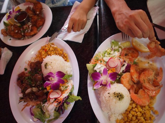 左は、ポケ(17ドル)のプレート。左奥は、ココナッツ・シュリンプ(11ドル)。ポケは、ふりかけがややキツく、時々ジャリッとした口当たりがあったり、辛いところが。でも、安定の美味しさ。<br />ココナッツ・シュリンプは、ちょっとココナッツが喉に詰まりやすくて、食べにくい？ココナッツ大好きな方には是非に、ですが、うちは頼まなくても良かったかも。<br />全部で72ドル支払いました。<br />またしても頼みすぎましたが、完食です(о´∀`о)<br /><br />買い物に１日費やしてしまいましたが、金曜日に新商品が入荷されるらしく、ものすごくよい品揃えで、よい買い物が出来ました。<br />ケイト・スペードでは妹に399ドルの通勤バッグを114.91ドルで買い、COACHで夫のパスケースと財布を激安の73.11ドルでGETしました。<br />肝心の私の服や鞄や靴は買いませんでしたが、ものすごく良い買い物が出来て、満足しました！<br />日本では考えられないほどの値段だったので、人気があるのも納得です。ホクホク～♪