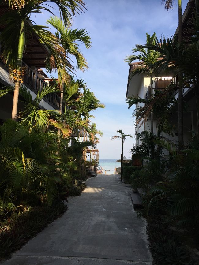 ホテルのいちばん奥（レセプションがある辺り）から中庭を見ると、向こうにサンライズビーチの海が見えます。