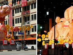 春節（旧正月）の時期にシンガポールに来ると、一度は必ず訪れるのは牛車水（チャイナタウン）。

どうしてシンガポールのチャイナタウンは中国語では牛車水と呼ぶのかというと、かつてのチャイナ・タウンでの生活用水は、チャイナ・タウンすぐ南側にある安祥山 (アンシャン・ヒル)の井戸から汲み上げて、牛車で運んでいたのがその由来。

で、ここはチャイナタウンを南北に通る道の一つのニュー・ブリッジ・ロード。
ここには毎年、干支の動物の張り子や飾り付けがされます。
2019年は猪年。
猪は日本語ではイノシシですが、中国語ではブタ。
よって、張り子のブタが出てました。（笑）
夜になると明かりが中に点ったり。
それはいいんだけど、もうちょっと可愛く出来ないのかな。