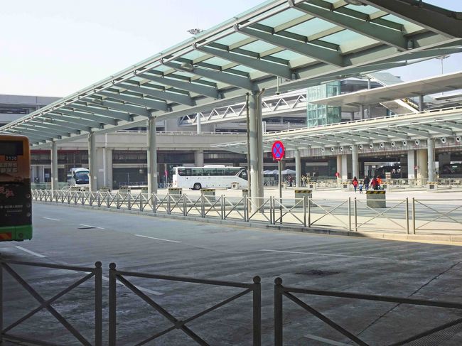 左に少し写っているのが一般路線バス。　右奥に写る白いバスがタイパ／外港往きのシャトルバスです。