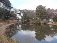 松永記念館の池と，本館展示場(左)と別館展示場(中央奥）．