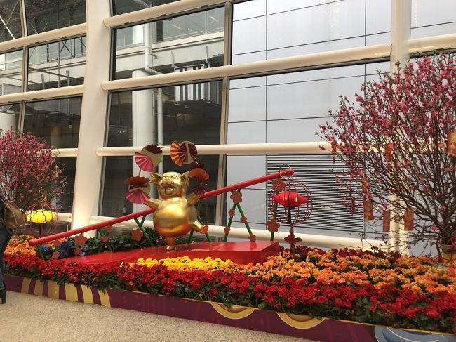 空港にも、春節のオブジェが<br />亥（ブタ）は楽観主義や熱意、勤勉の象徴とされている。らしいです
