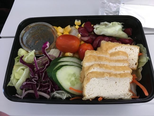 機内食でました。<br />厚揚げ？サラダ。<br />