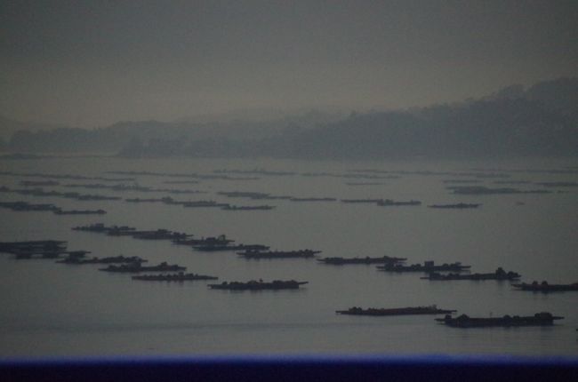 ビーゴ湾が見えてきました。<br />カキの養殖いかだがたくさん浮かんでいます。