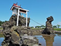 人工の海水池の中心には、二見岩があります。岩の上には、大正時代に勧請された恵美須神社が鎮座しています。

旧社殿は、海の方向を向いていたそうですが、昭和58年に再建した際、今のように内陸向きに変えたそうです。