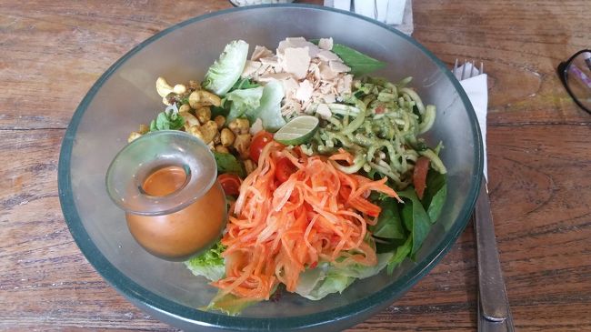 宿に戻ってから向かったのはAlchemy🍅🍆?🌽🍠<br /><br />意識高い系な欧米人がこぞって滞在するPenestananにあります。<br /><br />Ubudiはヨギーニでもベジタリアンでもビーガンでも意識高い系でもないけど、ここAlchemyの生野菜が旨いと評判だから行ってみたくて。<br /><br />Gojekで行ってきました🚲<br /><br />いざ店内に突入－＝≡( ๑´･ω･)<br /><br />まあ、意識高い系の欧米人ばかりでUターンして帰りそうになりました( •᷄ὤ•᷅)<br /><br />アジア人など誰一人おらず、欧米人の中に初心者ジャパニーズ🔰のUbudiは、ポツンと1人隅っこのテーブルに座りました。<br /><br />なんか場違いなとこに来てしまったか??<br /><br />ソファー席やダラダラゴロゴロできる席は、既に欧米人カップルやグループで埋められていて。<br /><br />全くリラックスなんて出来ないテーブル席しかなかった。<br /><br />まっ、リラックス出来る席が空いてても、そこに1人で陣取る勇気はなかったんだけどね(ﾉ≧ڡ≦)☆<br /><br />横を見ると木のベンチ席に、寝っ転がって読書してる、髪長い系な欧米人男性がいて。<br /><br />家か!!!<br /><br />とツッコミたくなるくらいなリラックス加減。<br /><br />なんでしょうね??<br /><br />欧米人って自然体なんでしょうけど、それがやたらお洒落に見える。<br /><br />アジア人がやったらただのお行儀悪いだけになるというｗｗｗ<br /><br />この差はなんなんでしょうね??<br /><br />さて気を取り直してサラダバーを注文しましょう♪♪<br /><br />初めてだから教えて??とカタコトの英語で言うと、OK!!と親切にサラダバーの前まで、一緒に行ってくれて教えてくれました٩(Ü*)۶<br /><br />お店のスタッフはとってもいい感じでしたよ。<br /><br />ただ場の雰囲気というか欧米人に圧倒される感はあります。<br /><br />さあ~実食!!!<br /><br />うん...( •́ω•̀)??<br /><br />あれ...( ˙꒳​˙  )???<br /><br />お い ち く な い ｗ ｗ ｗ<br /><br />えぇ~~なんで~~マジで美味しくないんすけど??<br /><br />至って普通の普通ですね。<br /><br />あーぁ、やっちまったな( ´･ω･`)<br /><br />そう思ってたらスコールが...☂︎<br /><br />食べたら速攻帰ろうと思ってたのに...<br /><br />しゃーない雨宿りでもう少しいるかと、外を眺めながら時間潰ししてたけど...<br /><br />止まない止まない...ʅ(๑  ᷄ω ᷅ )ʃ<br /><br />もうここにいるのは耐えられないとばかりに、小雨になってきた時に店を出ました三へ(´･_･`)」<br /><br />Alchemyより美味しいベジのお店は他に沢山あります。<br /><br />Ubudiは足がないので行けなかったけど、SayanにあるMoksa Plant-based Restaurantや、モンフォレ裏のJl Nyuh BulanにあるSageなどが美味しいそうですよ。