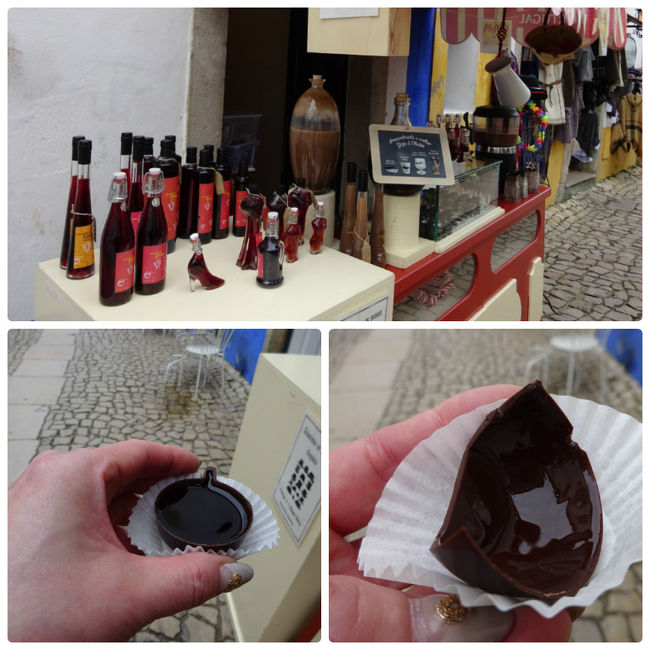 オビドスの名産品である黒さくらんぼの実から作ったジンジーニャと呼ばれる食後酒を、チョコレートで作ったカップで飲んで（食べて）みました
