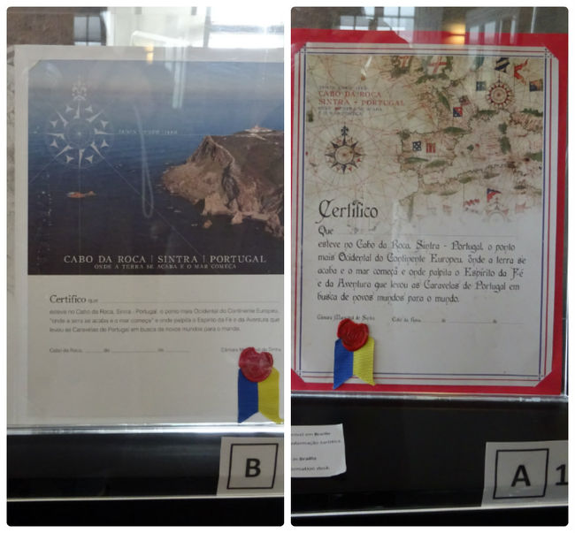 ユーラシア大陸最西端到達証明書（Certificado de acreditacao, Cabo da Roca）を発行してくれます。AでもBでも11ユーロ。証明書、いるか？ここにきたのは間違いないので、ボッタクリなんでパスします（庶民には高い）