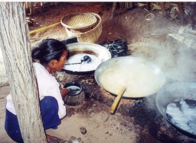 車を走らせている沿道には、椰子の木が続いている。途中、椰子砂糖を作っている店で休憩した。そこの親父さんが、やおら刀をロンジーに差し込み、椰子の木に登って樹液を採取した。掘っ建て小屋の中では、樹液を煮詰め、黒砂糖を作っている。やしの樹液は時間を置くと椰子酒にもなる。