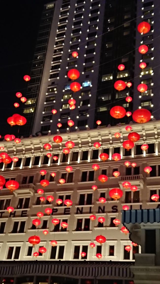 夜のペニンシュラ。旧正月の飾りが美しかった。そこだけ舞台空間みたいでした。<br />ペニンシュラブティックに行こうとしたら、夜２２：００ごろは既に閉店でした。