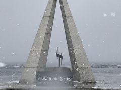 そう、宗谷岬です。
稚内駅から50分弱バスに揺られ、雪が強くなるのにおびえながらようやく到着です。