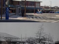 　通りの突き当りに駅があり（下）、蒸気機関車が出入りしていた。
　駅の誕生は明治時代で、最初は「中泉駅」と呼ばれていたが、昭和17年に「磐田駅」に改名され、その後改築もあったが、
平成（2000年）には橋上駅舎に改築されて、南口もでき、現在の姿になっている。