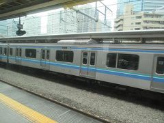 大崎駅に停車。りんかい線の青い電車が停まっていました。