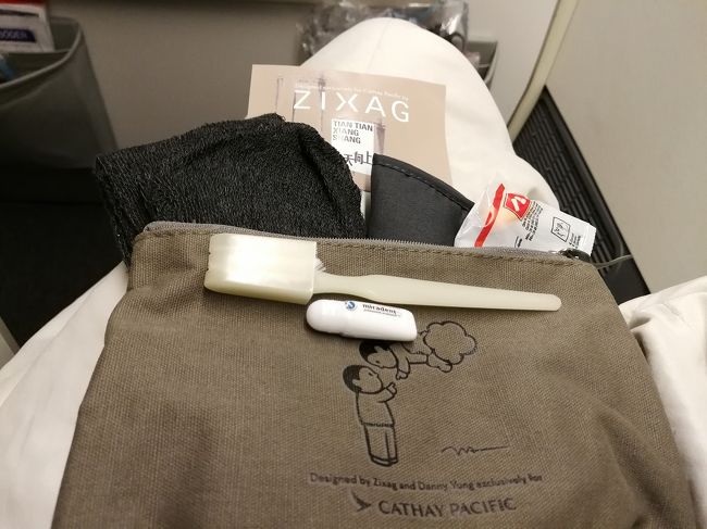 この便はプレエコを購入、朝着いたらそのまま出張のため体力温存。<br /><br />アメニティーの袋が可愛い。<br />中身はシンガポール航空（SQ）のエコノミーと同じもの。行きのエコノミーは何もなかったな。<br />南アからアジア行くなら、機体も新しいSQだなー。