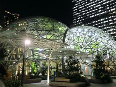 夜のシアトル散策と晩御飯を食べに外へ。
アマゾン本社に最近出来た植物園型ワークスペース「アマゾン・スフィア」を発見！
社員専用の植物園のため一般の入場は出来ません(月に2回公開されている様です)。
外からでも独特の球体フォルムとライトアップが綺麗です。