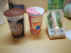 朝食は、前夜コンビニで買っておいたサンドイッチやコーヒーなどをホテルの部屋で。
18きっぷの旅は毎朝出発が早いので、ホテルのレストランを利用することは一度もありませんでした。